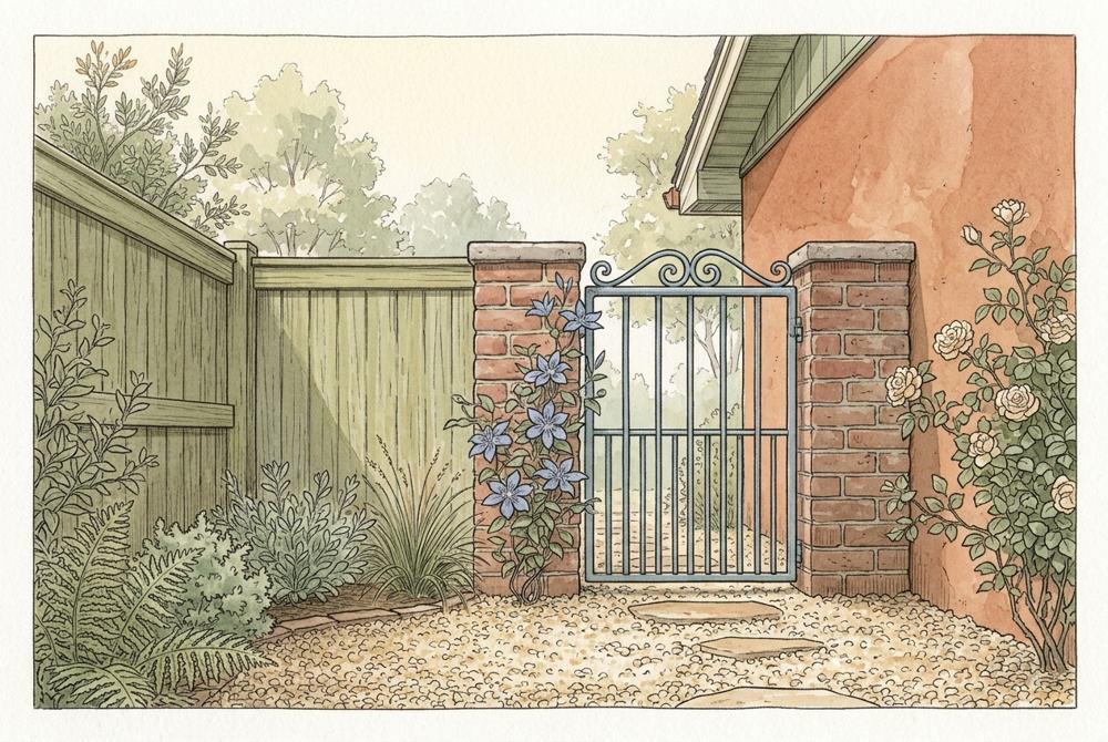 Wood fence meeting a noncombustible section and metal gate