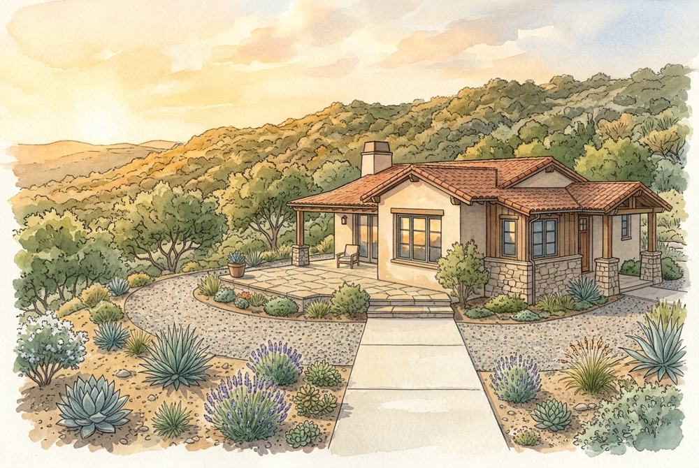 California home with a gravel path, low spaced plants and thinned oaks on the hillside