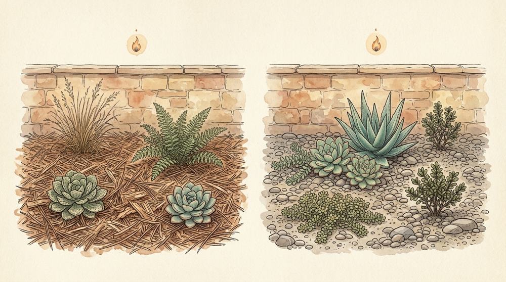 Gravel versus wood mulch beside a stucco wall